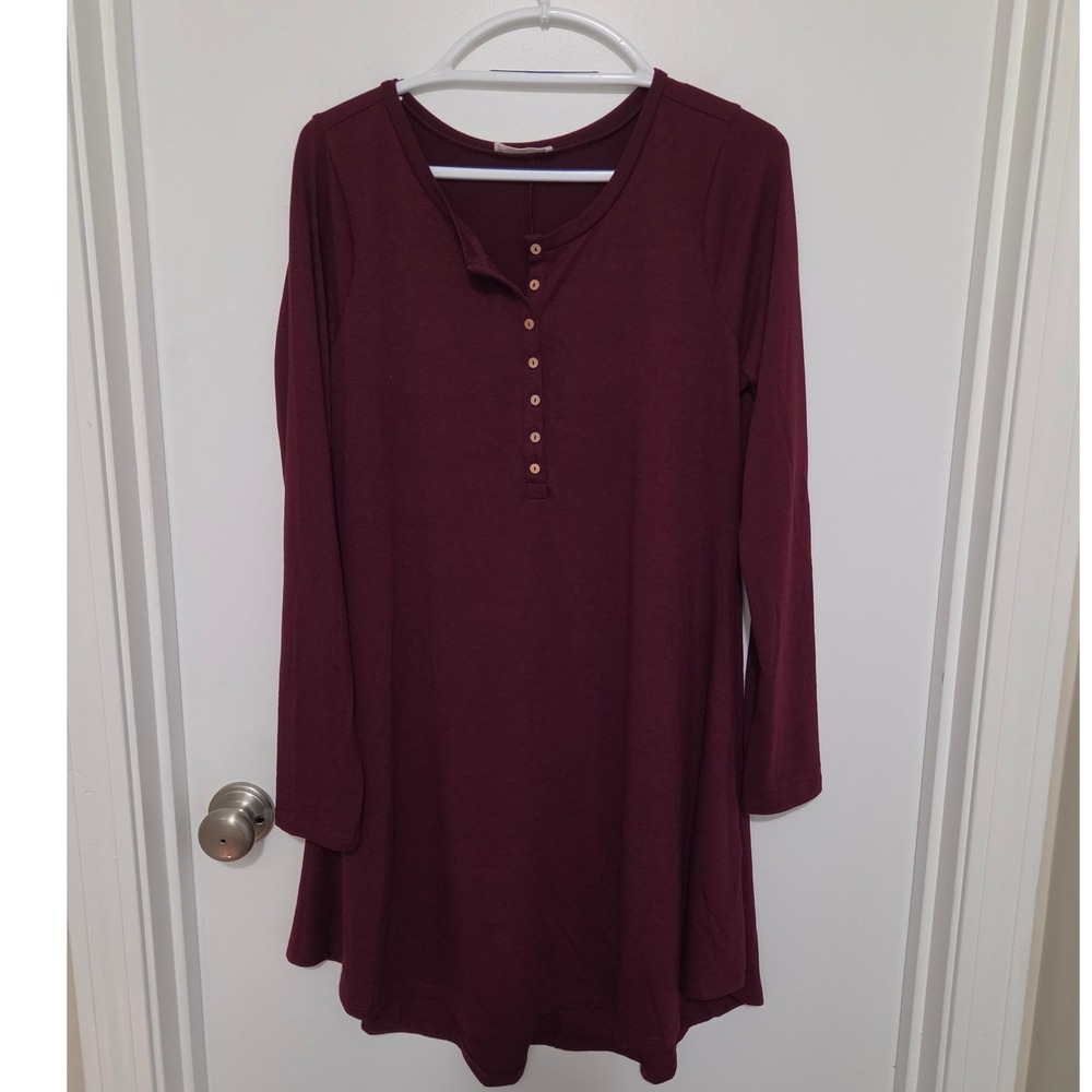 Zenana Burgundy Long Sleeve Henley Mini Dress XL Office Holiday